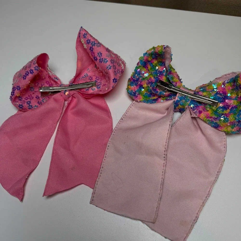 Kids Sparkly‎ Sequin Bow Hair Clip Set Pink Floral Rainbow Fun Accessory